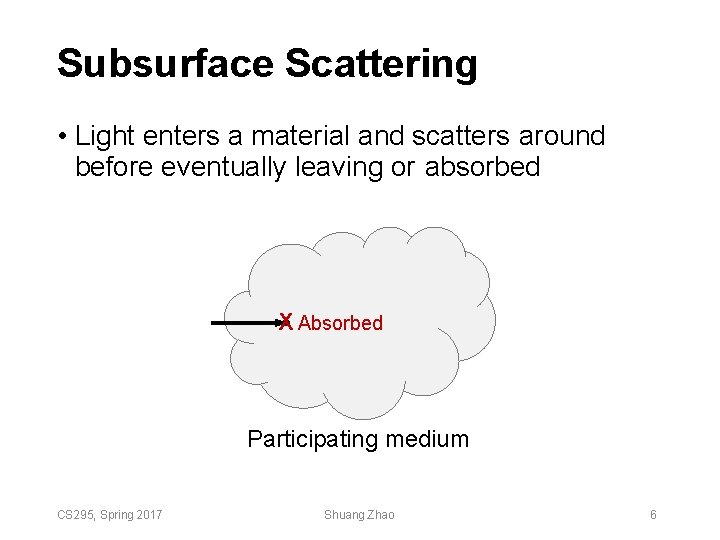 Subsurface Scattering • Light enters a material and scatters around before eventually leaving or Subsurface Scattering • Light enters a material and scatters around before eventually leaving or