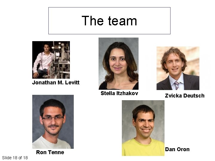 The team Jonathan M. Levitt Stella Itzhakov Ron Tenne Slide 18 of 18 Zvicka The team Jonathan M. Levitt Stella Itzhakov Ron Tenne Slide 18 of 18 Zvicka