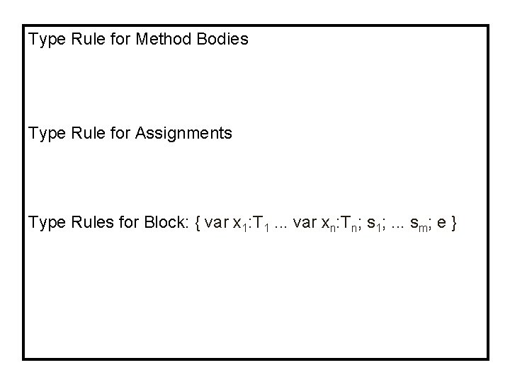 Type Rule for Method Bodies Type Rule for Assignments Type Rules for Block: {