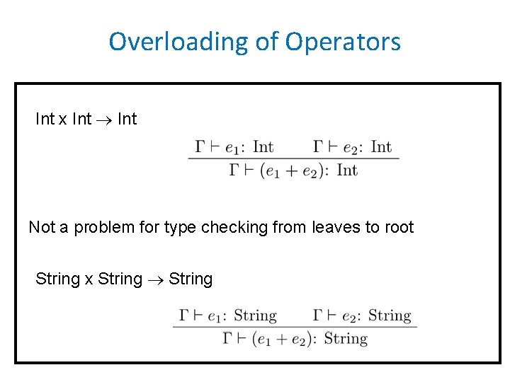Overloading of Operators Int x Int Not a problem for type checking from leaves