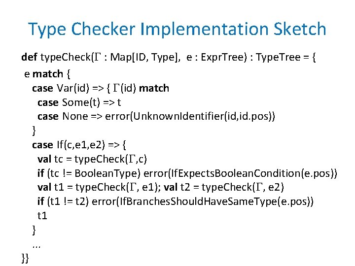 Type Checker Implementation Sketch def type. Check( : Map[ID, Type], e : Expr. Tree)