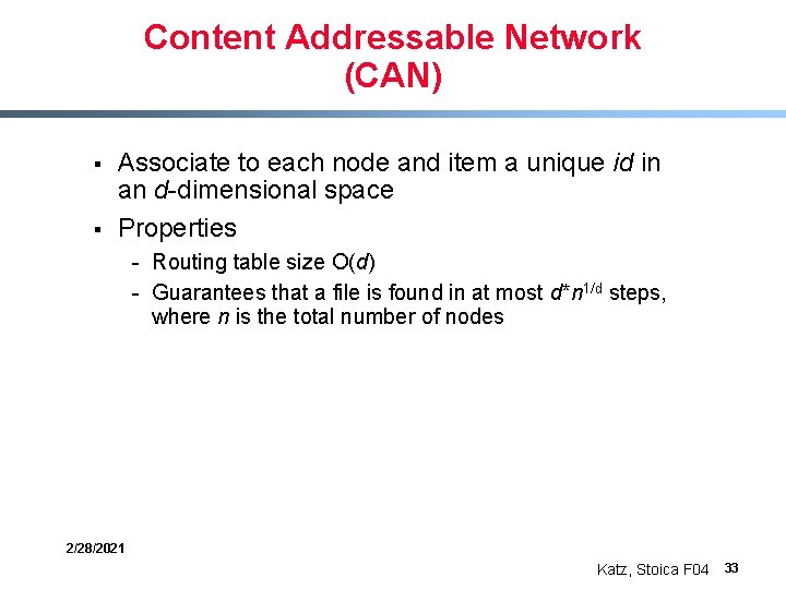 Content Addressable Network (CAN) § § Associate to each node and item a unique