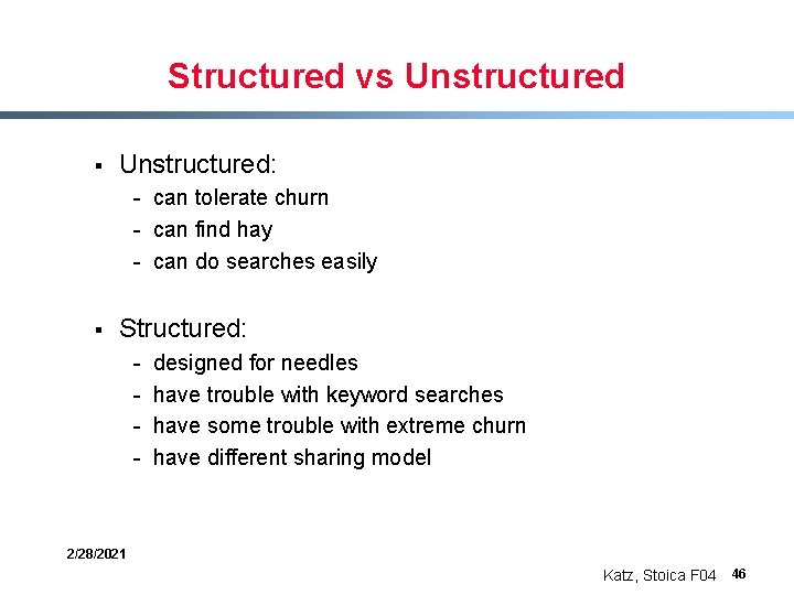 Structured vs Unstructured § Unstructured: - can tolerate churn - can find hay -