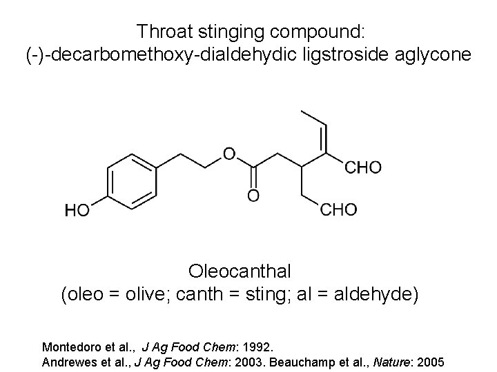 Throat stinging compound: (-)-decarbomethoxy-dialdehydic ligstroside aglycone Oleocanthal (oleo = olive; canth = sting; al