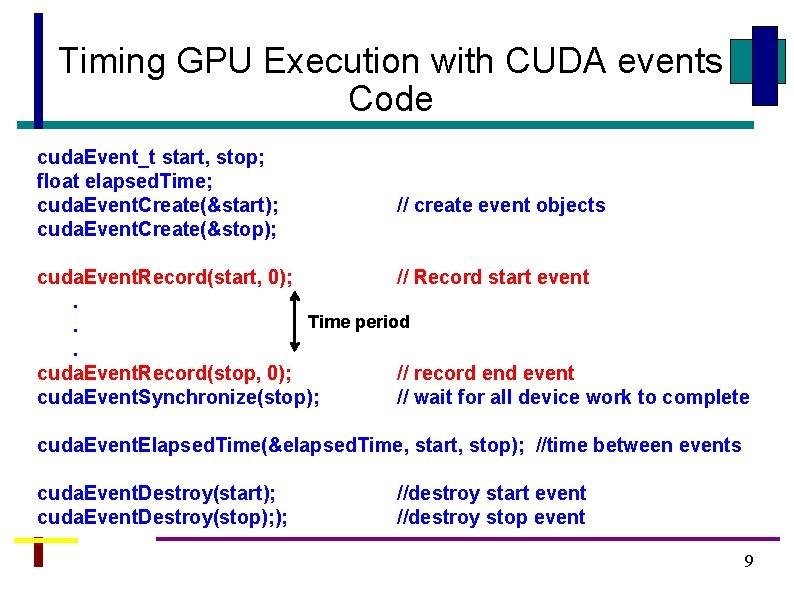 Timing GPU Execution with CUDA events Code cuda. Event_t start, stop; float elapsed. Time;