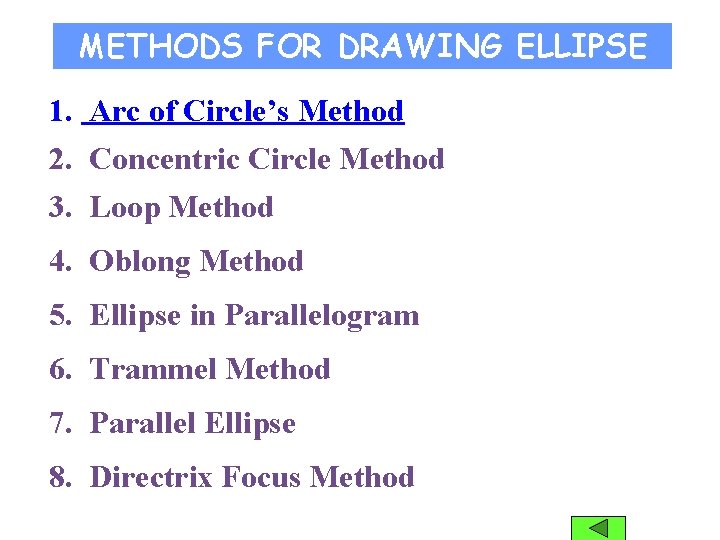 METHODS FOR DRAWING ELLIPSE 1. Arc of Circle’s Method 2. Concentric Circle Method 3.