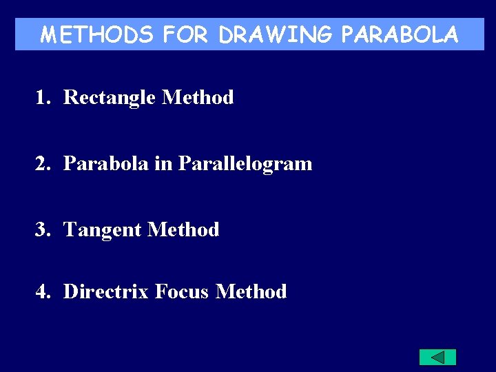 METHODS FOR DRAWING PARABOLA 1. Rectangle Method 2. Parabola in Parallelogram 3. Tangent Method