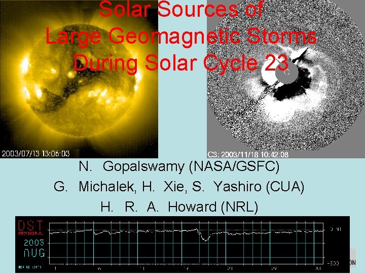 Solar Sources of Large Geomagnetic Storms During Solar Cycle 23 N. Gopalswamy (NASA/GSFC) G.