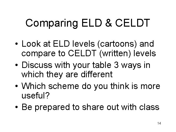 Comparing ELD & CELDT • Look at ELD levels (cartoons) and compare to CELDT