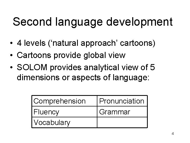 Second language development • 4 levels (‘natural approach’ cartoons) • Cartoons provide global view