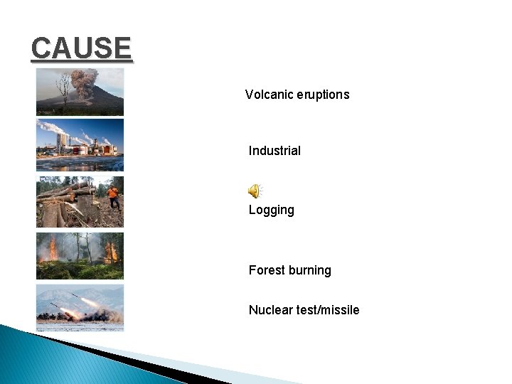 CAUSE Volcanic eruptions Industrial Logging Forest burning Nuclear test/missile 