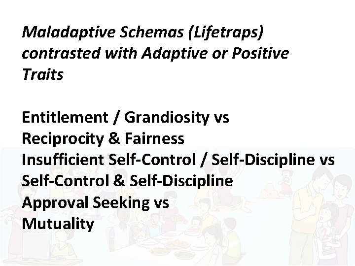 Maladaptive Schemas (Lifetraps) contrasted with Adaptive or Positive Traits Entitlement / Grandiosity vs Reciprocity