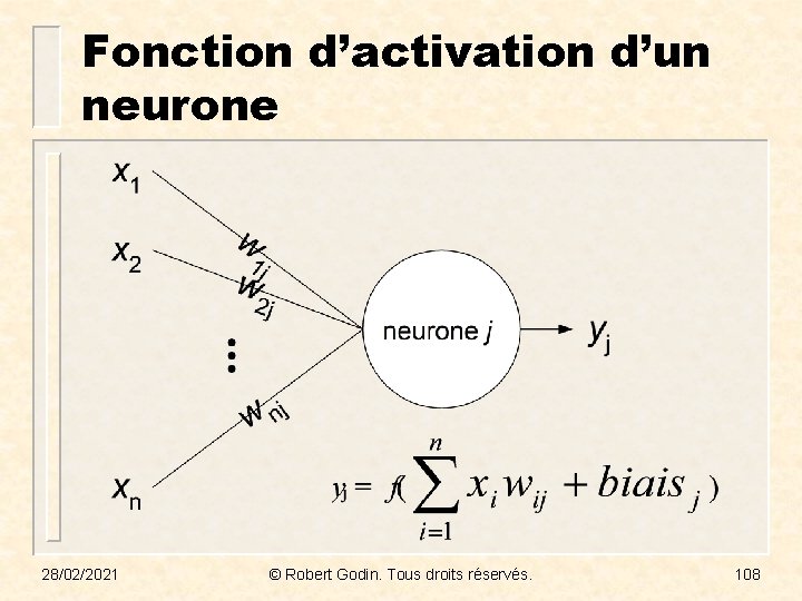 Fonction d’activation d’un neurone 28/02/2021 © Robert Godin. Tous droits réservés. 108 