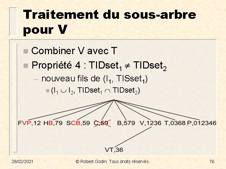 Traitement du sous-arbre pour V Combiner V avec T n Propriété 4 : TIDset