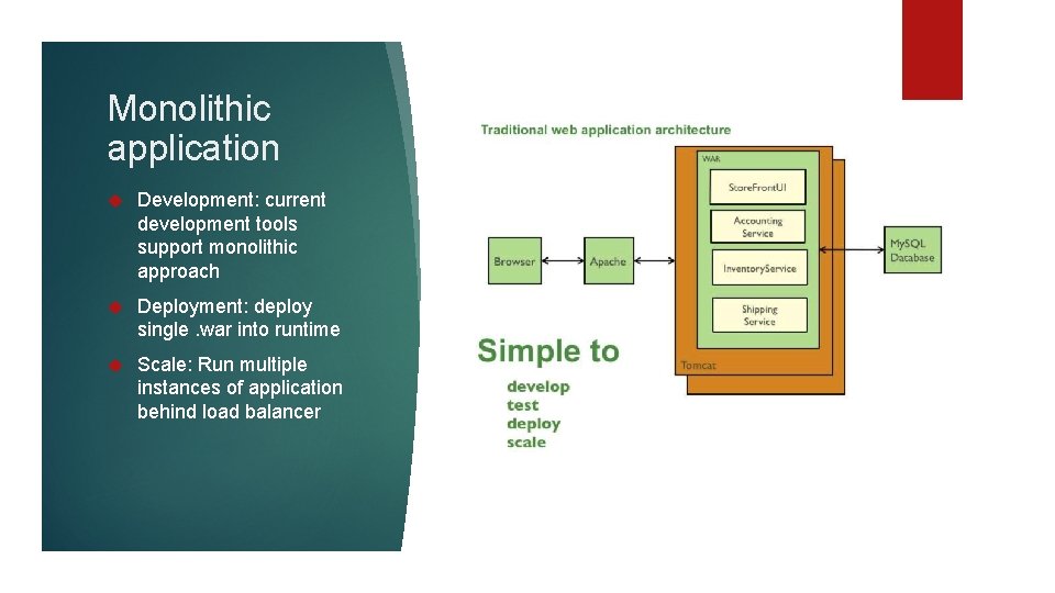 Monolithic application Development: current development tools support monolithic approach Deployment: deploy single. war into
