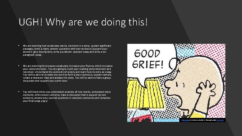 UGH! Why are we doing this! • We are learning new vocabulary words, elements UGH! Why are we doing this! • We are learning new vocabulary words, elements