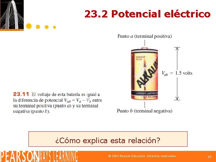 23. 2 Potencial eléctrico ¿Cómo explica esta relación? © 2013 Pearson Educación. Derechos reservados.