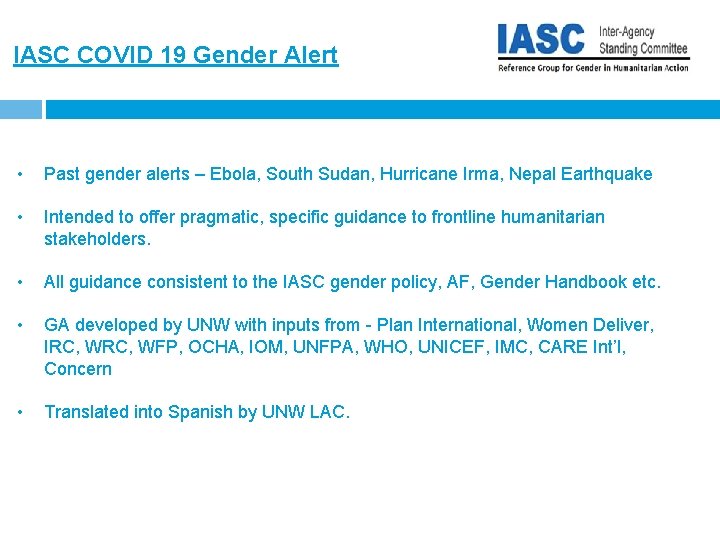 IASC COVID 19 Gender Alert • Past gender alerts – Ebola, South Sudan, Hurricane