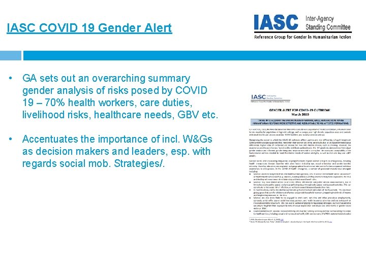 IASC COVID 19 Gender Alert • GA sets out an overarching summary gender analysis