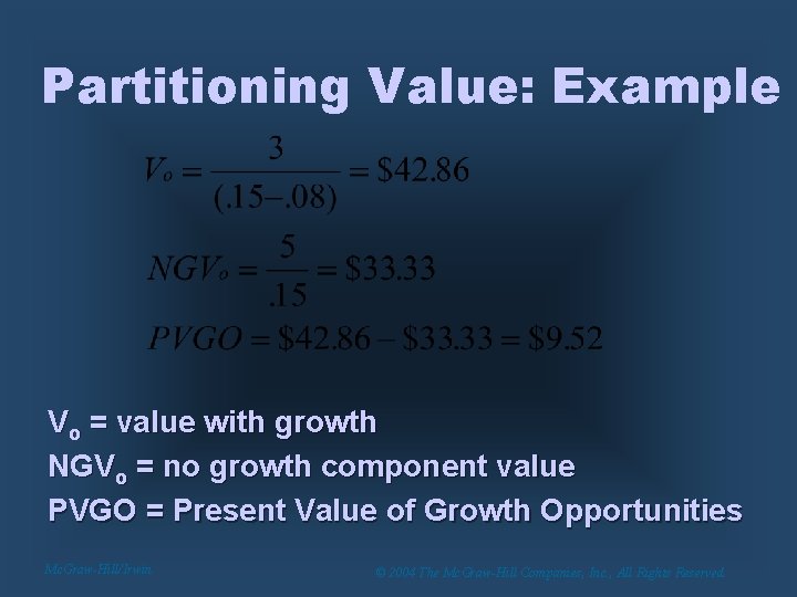 Partitioning Value: Example Vo = value with growth NGVo = no growth component value