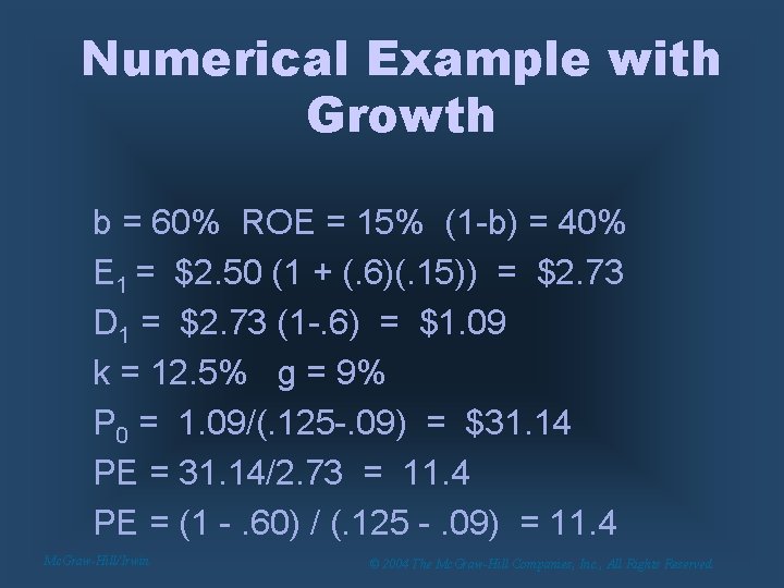 Numerical Example with Growth b = 60% ROE = 15% (1 -b) = 40%