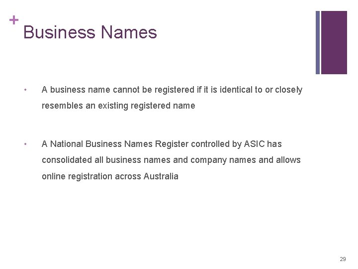 + Business Names • A business name cannot be registered if it is identical + Business Names • A business name cannot be registered if it is identical