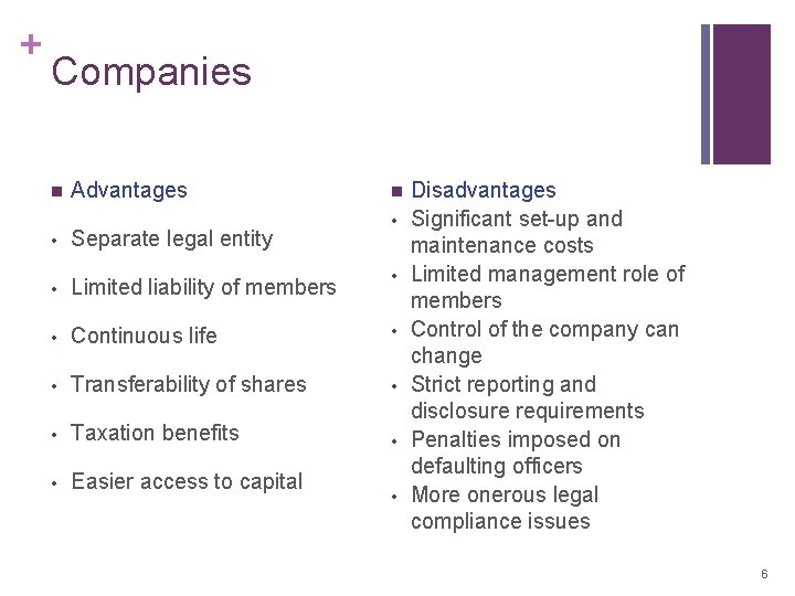 + Companies Advantages • • Separate legal entity • Limited liability of members • + Companies Advantages • • Separate legal entity • Limited liability of members •