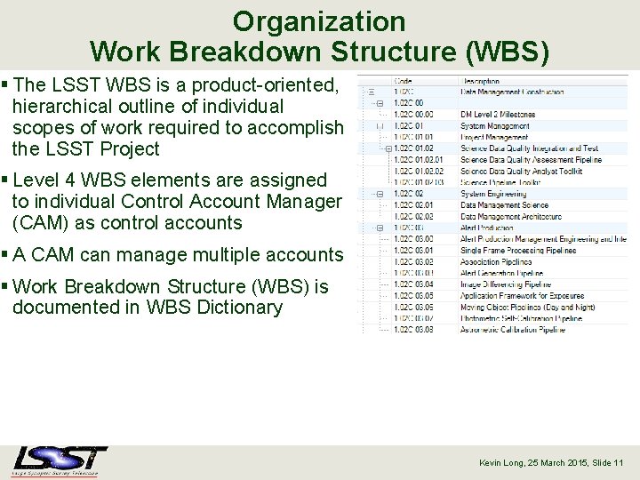Organization Work Breakdown Structure (WBS) § The LSST WBS is a product-oriented, hierarchical outline