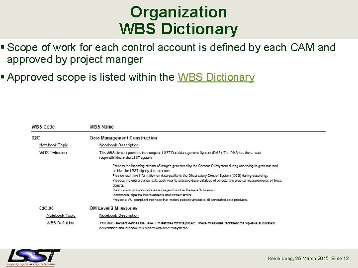 Organization WBS Dictionary § Scope of work for each control account is defined by