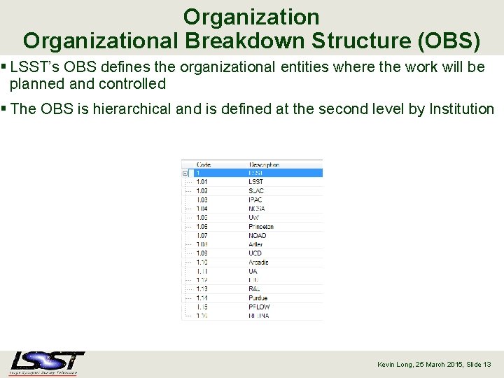Organizational Breakdown Structure (OBS) § LSST’s OBS defines the organizational entities where the work