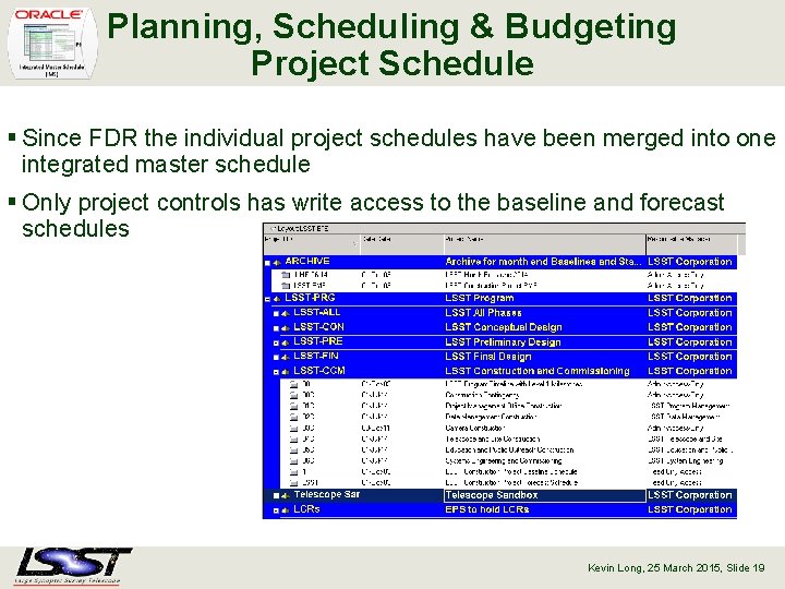 Planning, Scheduling & Budgeting Project Schedule § Since FDR the individual project schedules have