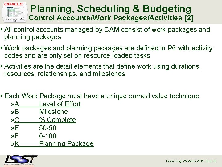 Planning, Scheduling & Budgeting Control Accounts/Work Packages/Activities [2] § All control accounts managed by