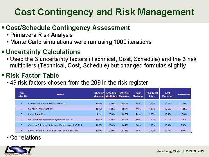 Cost Contingency and Risk Management § Cost/Schedule Contingency Assessment • Primavera Risk Analysis •