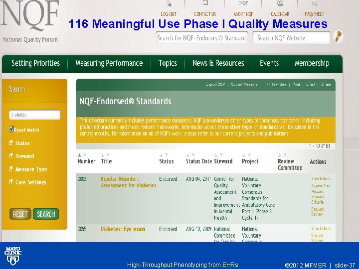 116 Meaningful Use Phase I Quality Measures High-Throughput Phenotyping from EHRs © 2012 MFMER