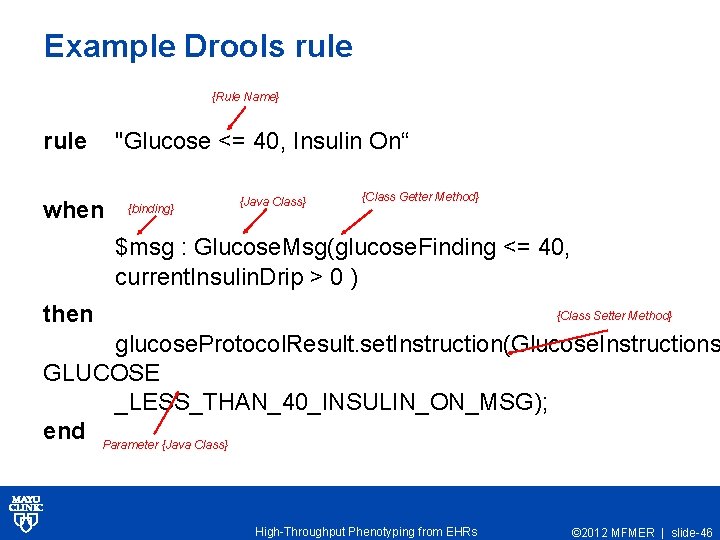 Example Drools rule {Rule Name} rule when "Glucose <= 40, Insulin On“ {binding} {Java
