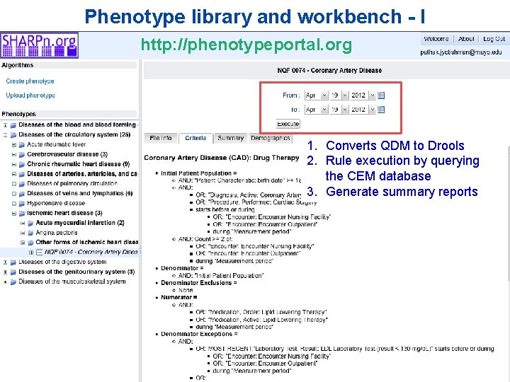Phenotype library and workbench - I http: //phenotypeportal. org 1. Converts QDM to Drools