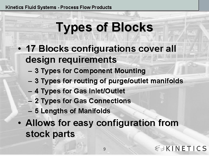 Kinetics Fluid Systems - Process Flow Products Types of Blocks • 17 Blocks configurations