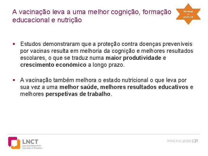 A vacinação leva a uma melhor cognição, formação educacional e nutrição Mensage m essencial