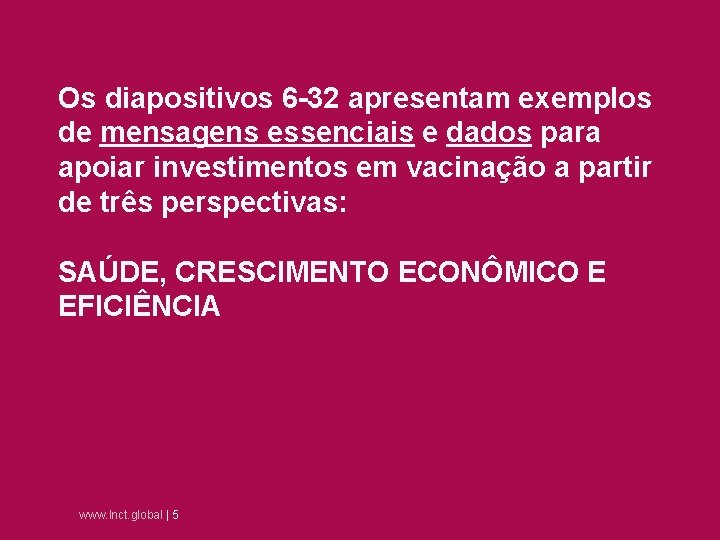 Os diapositivos 6 -32 apresentam exemplos de mensagens essenciais e dados para apoiar investimentos
