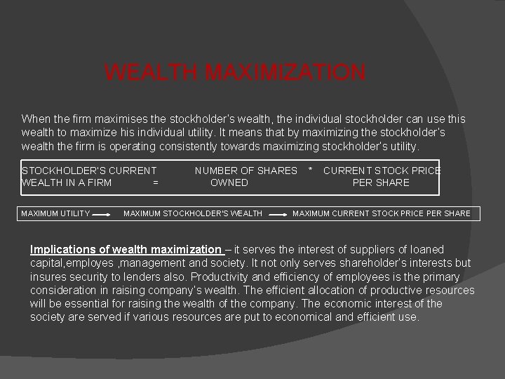 WEALTH MAXIMIZATION When the firm maximises the stockholder’s wealth, the individual stockholder can use