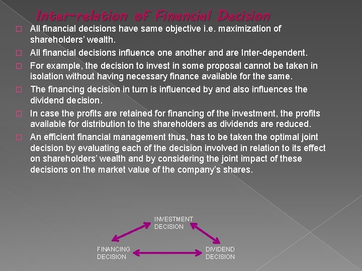 � � � Inter-relation of Financial Decision All financial decisions have same objective i.