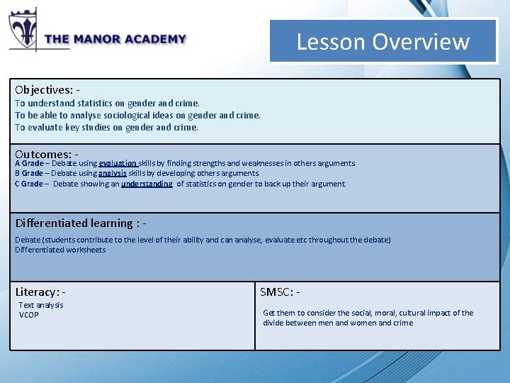 Lesson Overview Objectives: To understand statistics on gender and crime. To be able to