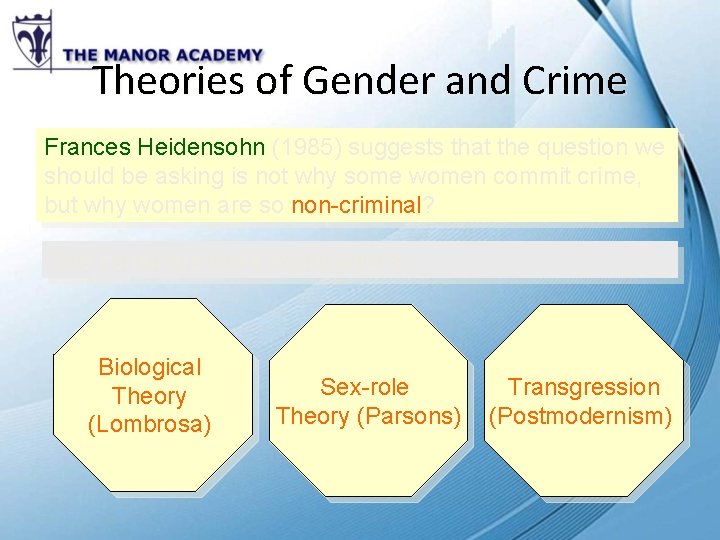 Theories of Gender and Crime Frances Heidensohn (1985) suggests that the question we should