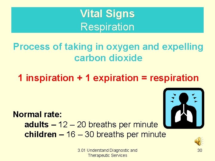 Vital Signs Respiration Process of taking in oxygen and expelling carbon dioxide 1 inspiration