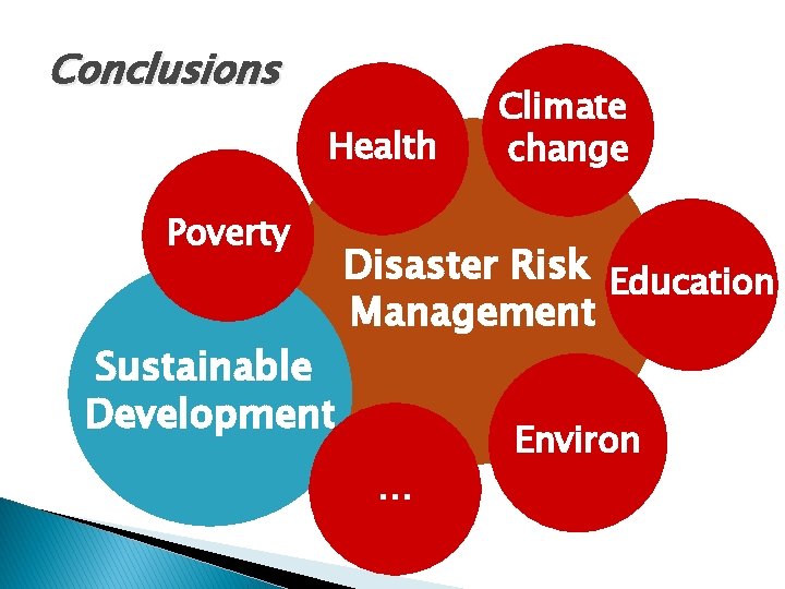 Conclusions Health Poverty Sustainable Development Climate change Disaster Risk Education Management … Environ 