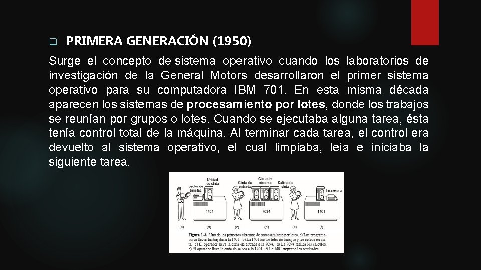 q PRIMERA GENERACIÓN (1950) Surge el concepto de sistema operativo cuando los laboratorios de