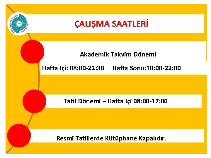 ÇALIŞMA SAATLERİ Akademik Takvim Dönemi Hafta İçi: 08: 00 -22: 30 Hafta Sonu: 10: