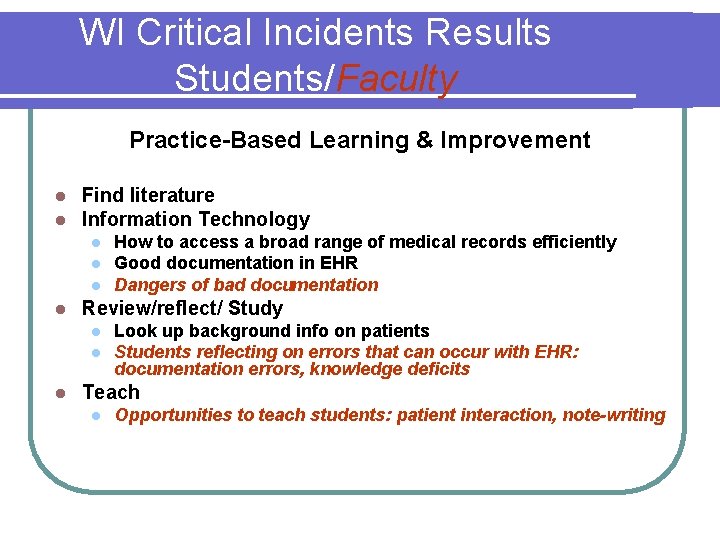 WI Critical Incidents Results Students/Faculty Practice-Based Learning & Improvement l l Find literature Information