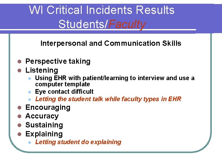 WI Critical Incidents Results Students/Faculty Interpersonal and Communication Skills l l Perspective taking Listening