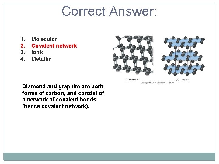 Correct Answer: 1. 2. 3. 4. Molecular Covalent network Ionic Metallic Diamond and graphite